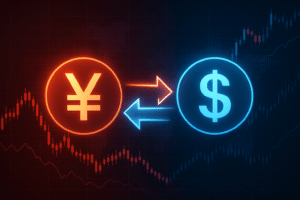 USDT currency exchange graphic with Yen and Dollar symbols